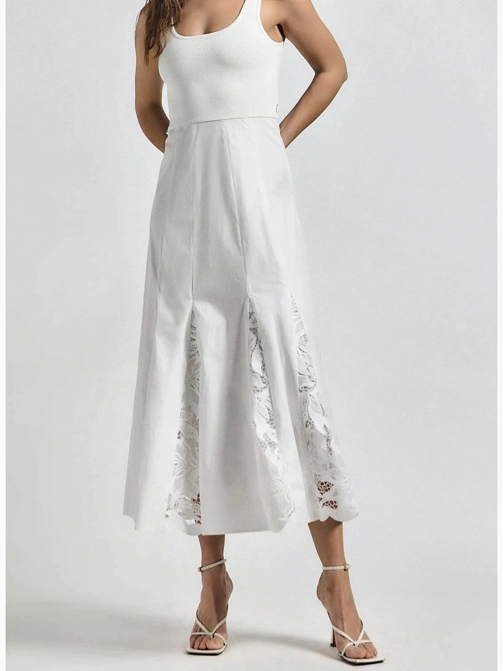 Derek Lam 10 Crosby Knit Lace Insert Midi Dress White